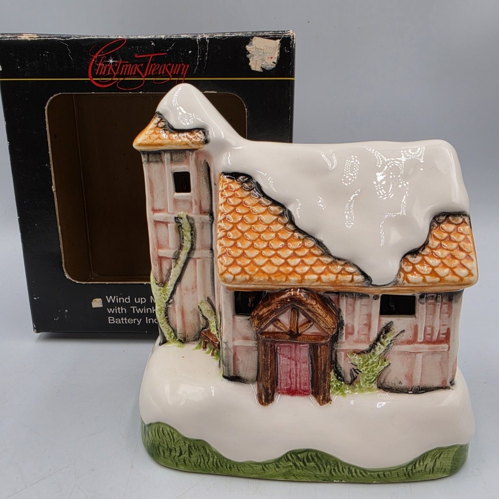 Vtg Christmas Treasury Ceramic House Music Box Wind Up Twinkling Lights Works